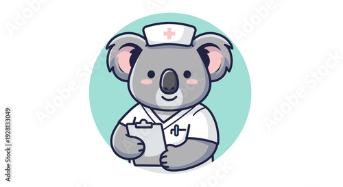 Cute cartoon koala nurse wearing a medical hat and uniform, holding a clipboard, in a round teal frame.