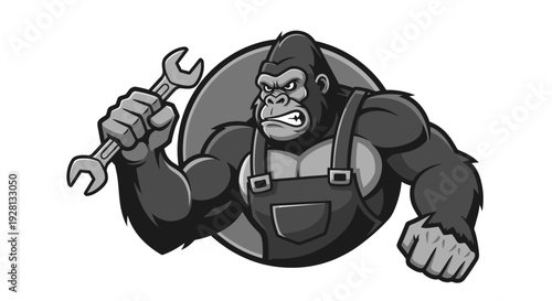A powerful gorilla mascot in overalls holding a wrench, ready for mechanical work, depicted in a strong, determined pose.