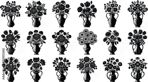 Vintage floral bouquet silhouettes in classic vases decorative flower arrangement collection black vector illustration isolated background set