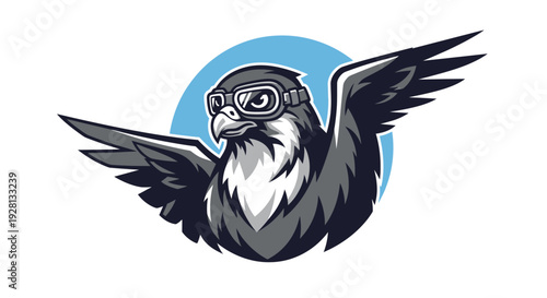 Stylized illustration of a majestic falcon or hawk wearing aviator goggles with wings spread, set against a light blue circle.