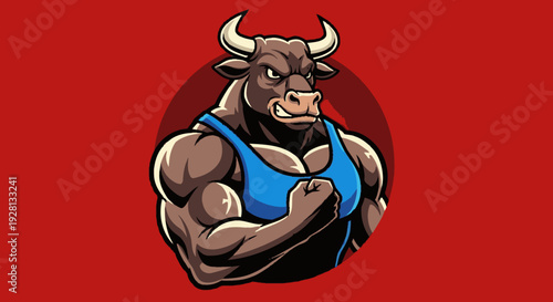 A muscular cartoon bull character flexing its bicep, wearing a blue tank top, set against a red background.