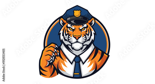 Cartoon illustration of a strong tiger mascot wearing a police officer's uniform, featuring a hat, shirt, and tie, set against a blue circular background.
