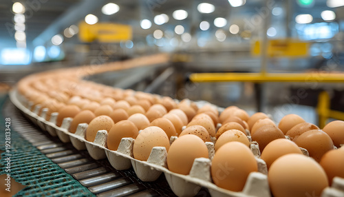 brown eggs in cartons on factory conveyor, poultry farming and food production