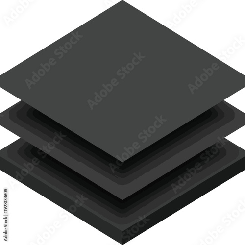 Three stacked black squares with isometric perspective. Abstract geometric background or layout element.