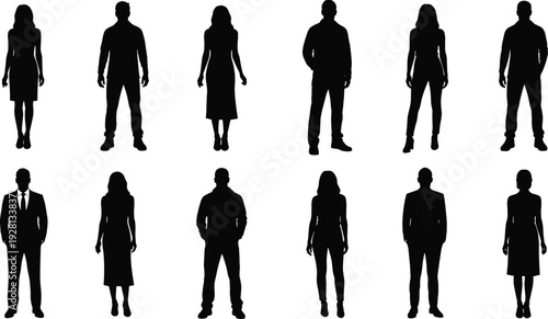 Collection of black silhouettes featuring diverse business professionals and casual people standing in a row for corporate teamwork and community,