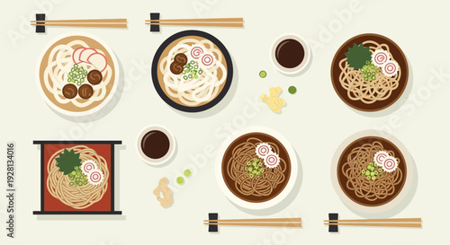 Assorted Asian Style Noodle Dishes Illustration.