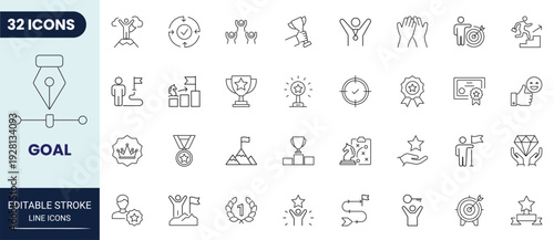 Goal outline icon collection with smooth curves and consistent line weight. Suitable for target, achievement, and planning concepts. Fully editable stroke vector.