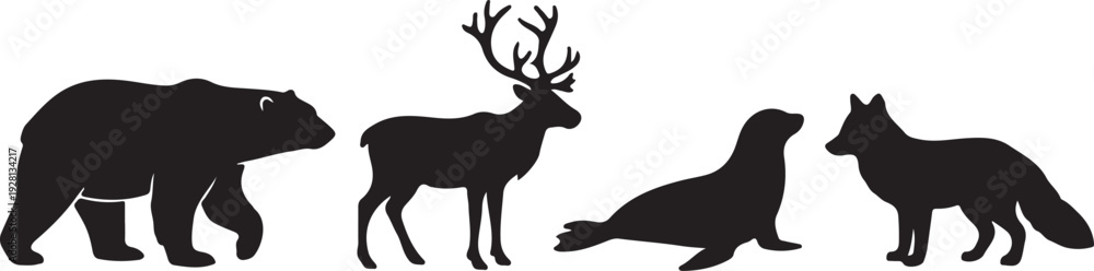 Obraz premium Arctic Wildlife Silhouette Collection Featuring Polar Bear, Reindeer, Seal and Fox