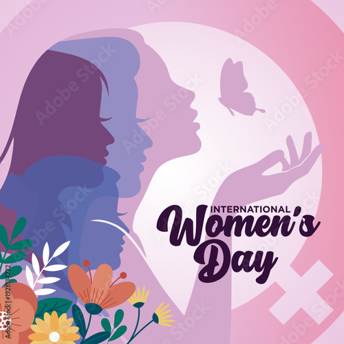International Women's Day illustration with three female silhouettes and butterfly, pink aesthetic for 8th March celebration.