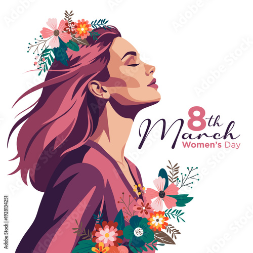 Beautiful woman with floral crown illustration for International Women's Day, March 8th celebration with blooming flowers.