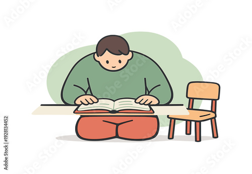Calm person leans forward opening a book flat on a table as a chair rests close by. | opening book reading, flat vector / clean