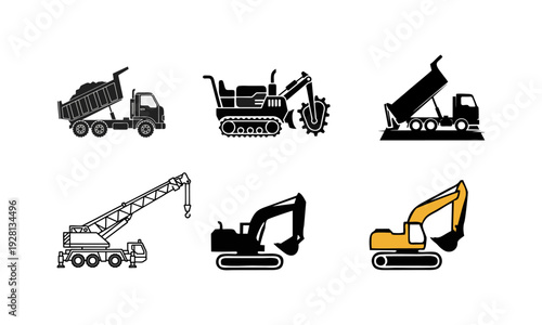 Collection of heavy machinery illustrations including excavators and cranes displayed from a straightforward viewpoint