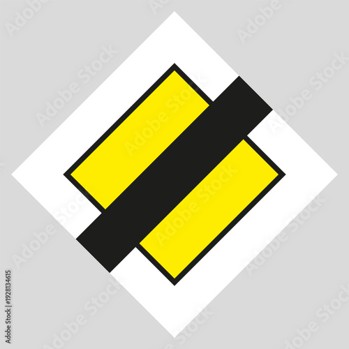 Road sign indicating the end of a main road: yellow diamond with black border. For road maps, navigation, infographics.