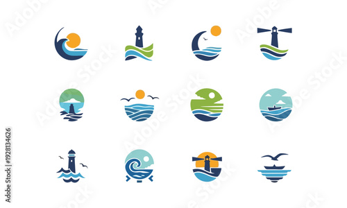 Collection of ocean-inspired logos featuring lighthouses, waves, and seagulls in a clean and simple design