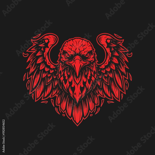 Bold red eagle graphic on black background powerful bird emblem