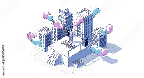 Isometric 3D illustration of a colorful cityscape with a DJ and people celebrating Holi Music Festival Day in a fun and vibrant urban setting with buildings and decorations