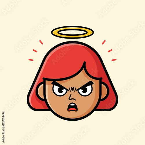 Cartoon angry female face with red hair and glowing halo vector illustration