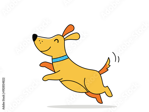 Cartoon illustration of a happy yellow dog leaping against a white background