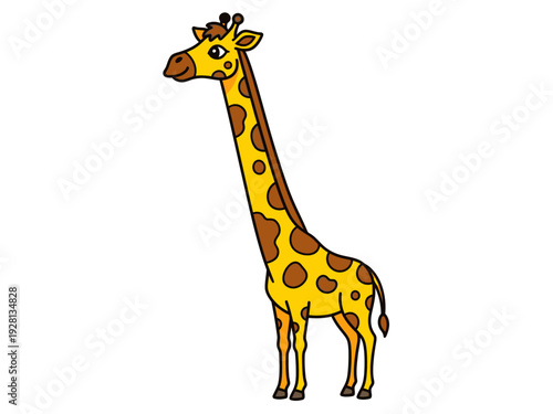 Cartoon illustration of a yellow and brown spotted giraffe standing against a white background