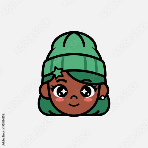 Cartoon character with beanie smiling face and big eyes against white background