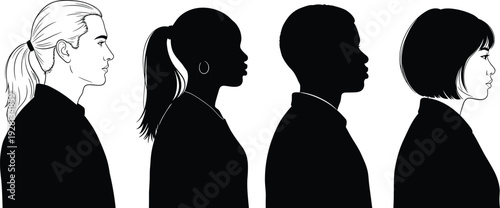 Collection of diverse people profile silhouettes featuring side views of men and women with various hairstyles isolated on white background