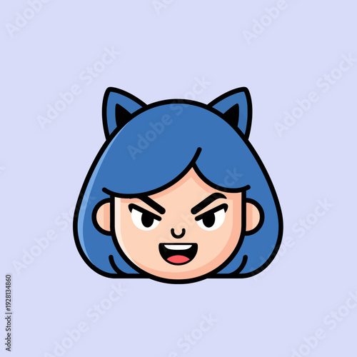 Cartoon character with blue hair and cat ears expression isolated
