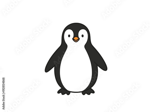 Cartoon penguin facing forward with black and white body orange beak and black feet
