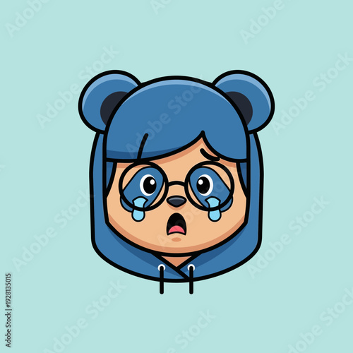 Cartoon character with tears wearing glasses and blue hoodie vector illustration
