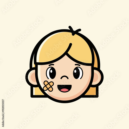 Cartoon child illustration with bandage on cheek smiling and happy vector