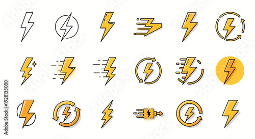 Collection of yellow and black lightning bolt icons in various styles and compositions.