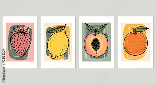 Four colorful illustrations of fruit on white backgrounds with green leaves