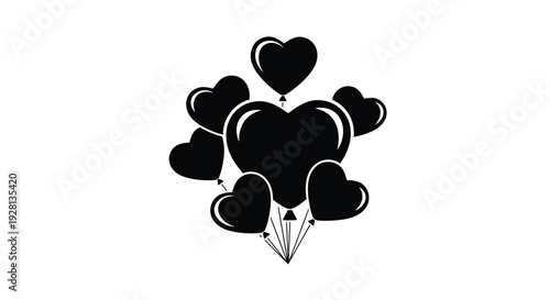 A cluster of black heart shaped balloons floats upwards creating a visually striking design silhouette high quality professional detailed modern elegant stylish