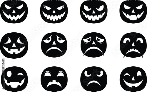 Halloween Pumpkin Faces Silhouette Set with Scary Jack O Lantern Expressions Spooky Black Icon Collection