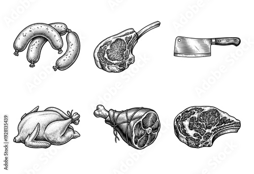 Vintage engraving style collection of meat products featuring sausages, ribeye steak, bone-in chop, whole poultry, leg of lamb, and a butcher cleaver.