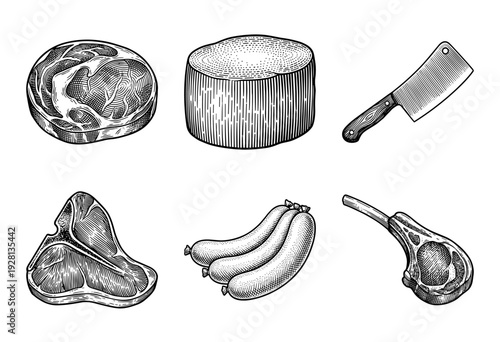 Vintage engraving style collection of meat products featuring various beef cuts, sausages, and a butcher cleaver isolated on white.