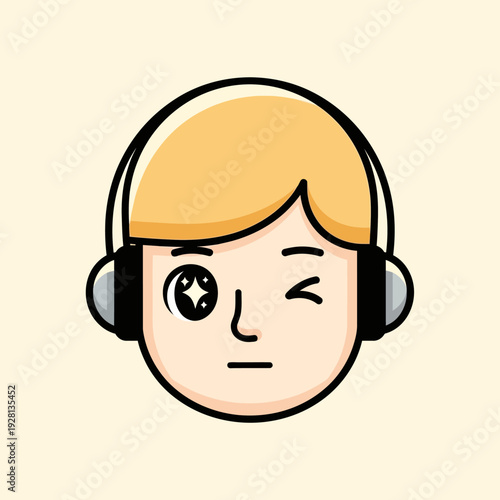 Cartoon illustration of a person with headphones and a winking eye