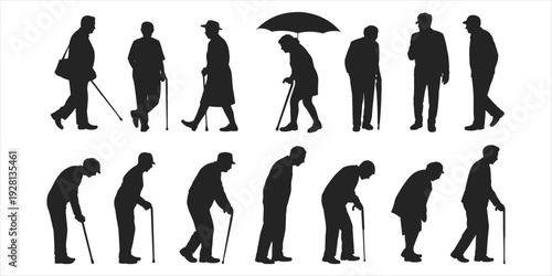 Silhouettes of elderly people walking with canes and an umbrella on white background senior