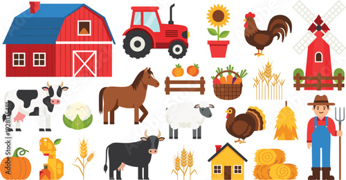 Farm Animals and Agriculture Icon Set with Barn Tractor Cow Horse Sheep Rooster Farmer and Harvest Elements