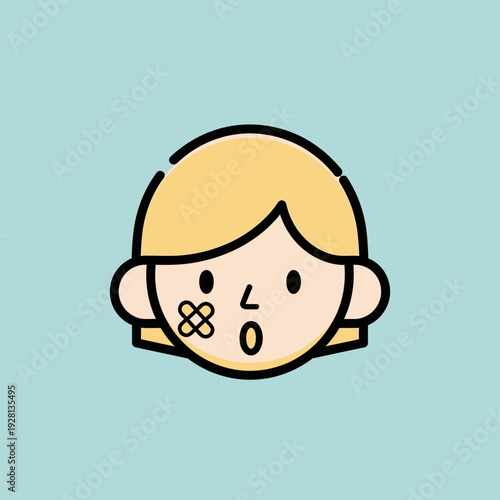 Cartoon illustration of a person with taped mouth on a turquoise background