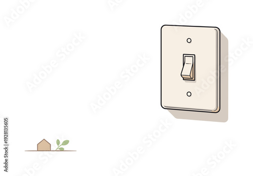 Simple illustration of a light switch on a plain wall with a small house and plant in the corner