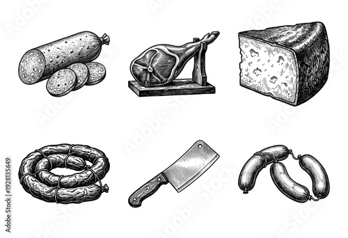 Vintage woodcut illustration collection of cured meats, artisanal cheese wedge, and butcher cleaver in a detailed hand drawn etching style.
