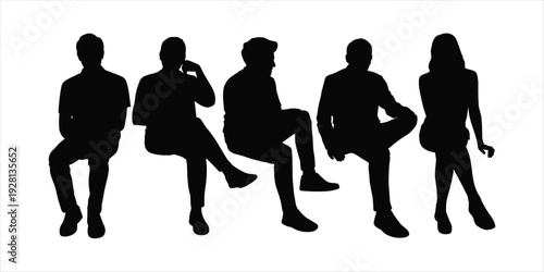 Silhouettes Of Five People Sitting In Different Poses On White Background person
