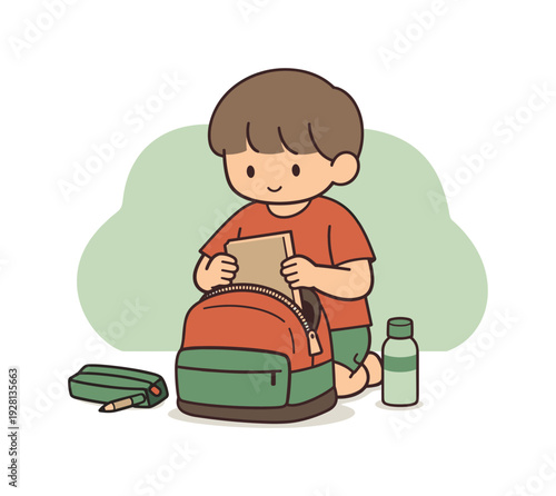 Calm child packs a school bag, posture steady as items are arranged and the zipper pauses halfway | child school bag, flat vector