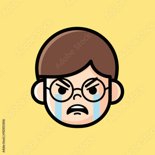 Cartoon illustration of an upset person with tears and glasses