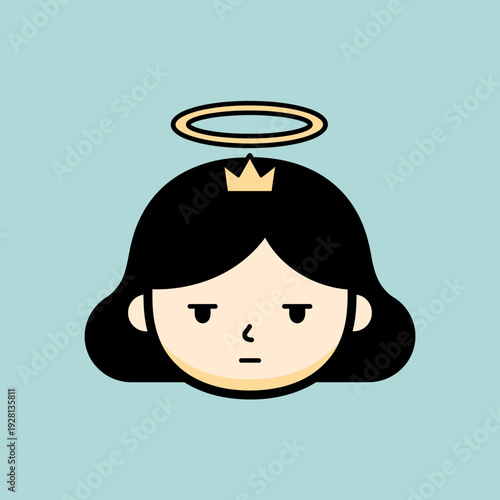 Cartoon illustration of angelic figure with halo and crown on pastel background