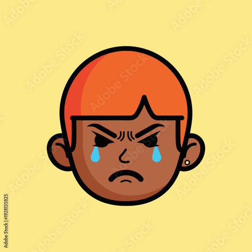 Cartoon illustration of angry person with tears on yellow background