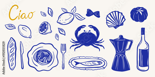 Hand drawn Italian clipart set in sketch doodle style. Mediterranean traditional cuisine and cultural symbols. Vector illustration.