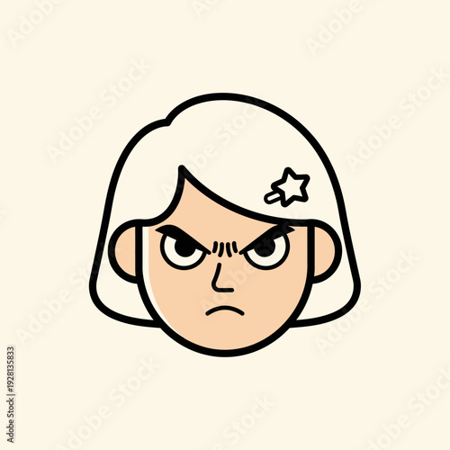 Cartoon illustration of angry woman with star hair clip on light background