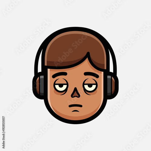 Cartoon illustration of person wearing headphones with expressionless face