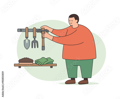 Quiet person places garden tools on a rack, aligning handles neatly while soil brushes and gloves rest below nearby shelf now